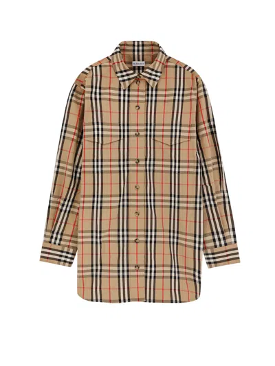 Burberry Cotton Shirt With Check Print In Sand