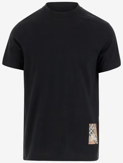 Burberry Men Black T-shirt T-shirt With Logo Patch With Tartan Motif In Cotton Man