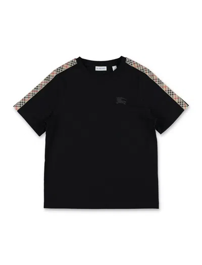 Burberry Cotton T-shirt With Check Trims For Kids In Black