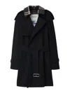Burberry Trench Coat With Belted Waist And Plaid Collar In Black