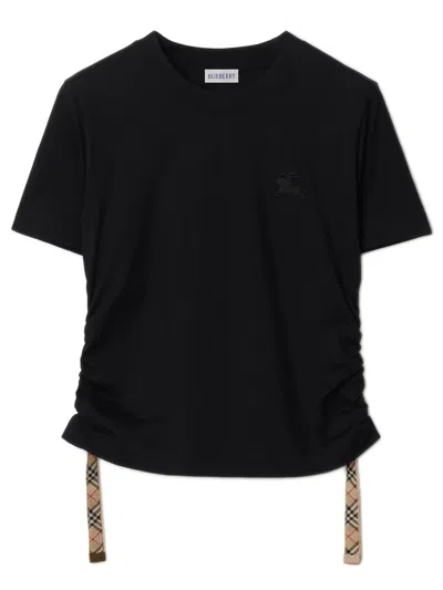 Burberry Cotton T-shirt With Embroidered Equestrian Knight And Side Ruffles In Black