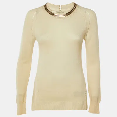 Pre-owned Burberry Cream Collar Embellished Wool Blend Jumper S In White