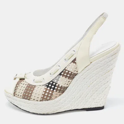 Pre-owned Burberry Cream Patent And Canvas Peep Toe Espadrilles Sandals Size 40