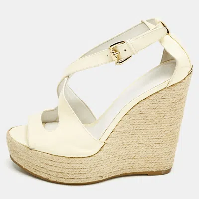 Pre-owned Burberry Cream Patent Peep Toe Wedge Espadrilles Sandals Size 37