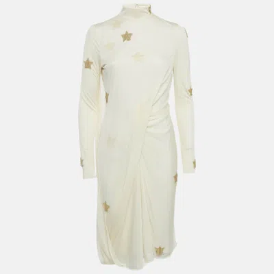 Pre-owned Burberry Cream Star Embellished Jersey Draped Knee-length Dress S In White