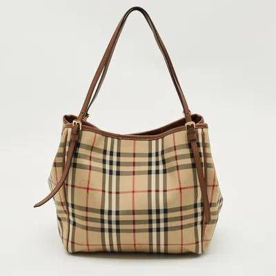 Pre-owned Burberry Cream/beige Haymarket Check Nylon And Leather Small Canterbury Tote In White