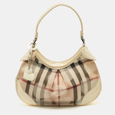 Pre-owned Burberry Cream/beige House Check Heart Pvc And Patent Leather Brooklyn Hobo In White
