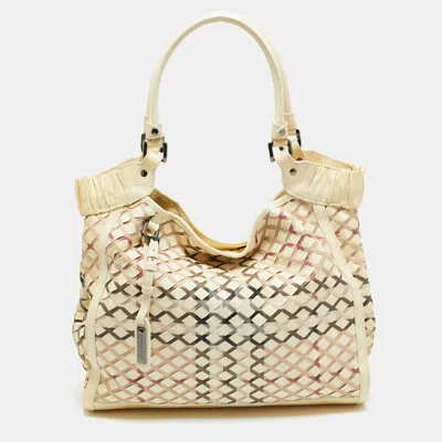 Pre-owned Burberry Cream/beige Woven Nova Check Pvc And Patent Leather Tote In White