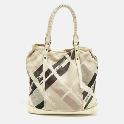 Pre-owned Burberry Cream/off White Brushstroke Paint Canvas And Leather Snap Tote
