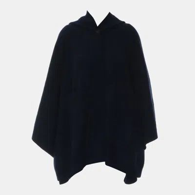 Pre-owned Burberry Crest Logo Wool Cashmere Hooded Cape Poncho In Blue