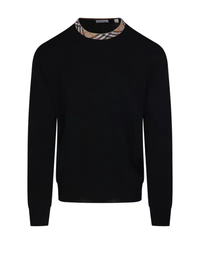 Burberry Crew Neck Knitwear With Distinctive Patterned Collar In Black