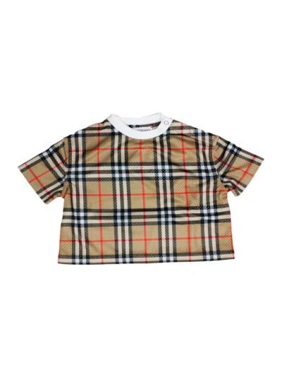 Burberry Kids' Crew-neck, Short-sleeved T-shirt In Perforated Fabric With Check Pattern And Small Buttons On The Sh In Beige