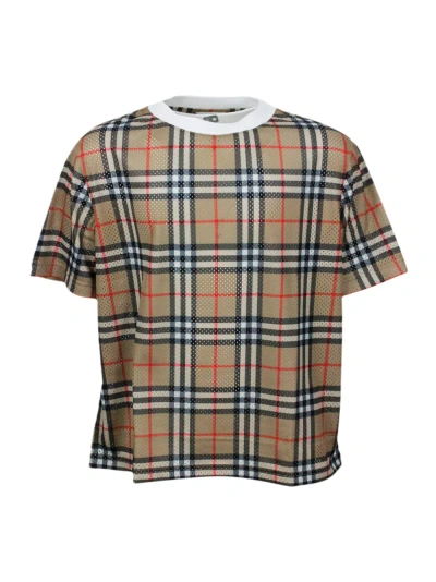 Burberry Kids' Crew-neck, Short-sleeved T-shirt In Perforated Fabric With Chekc Motif. In Beige