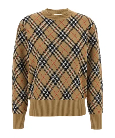 Burberry Diamond-pattern Crew Neck Wool Jumper In Brown