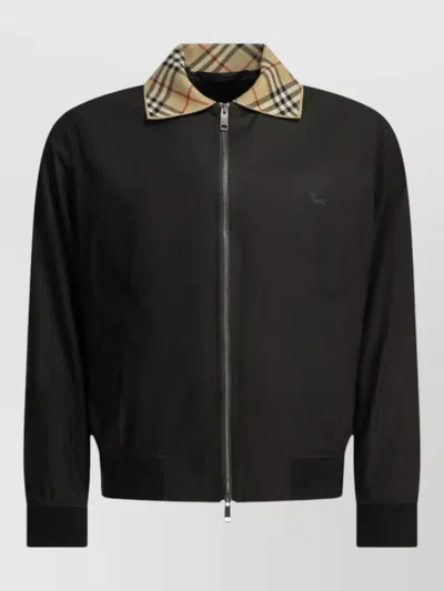 Burberry Crewneck Jacket Lightweight Contrast Collar Pockets In Black
