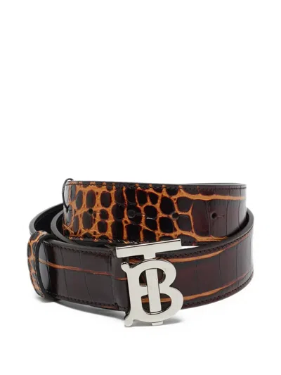 Pre-owned Burberry Croc-embossed Logo Belt In Brown