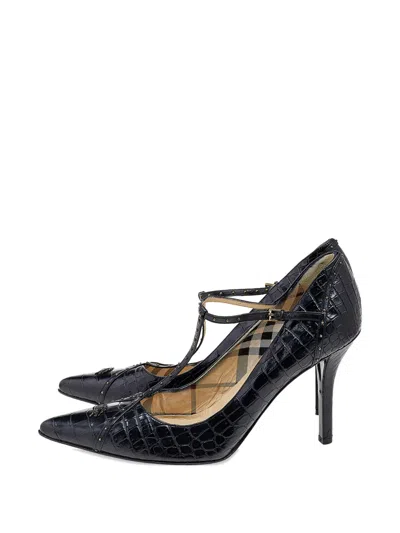 Pre-owned Burberry Croc-embossed T-strap Pumps In Black
