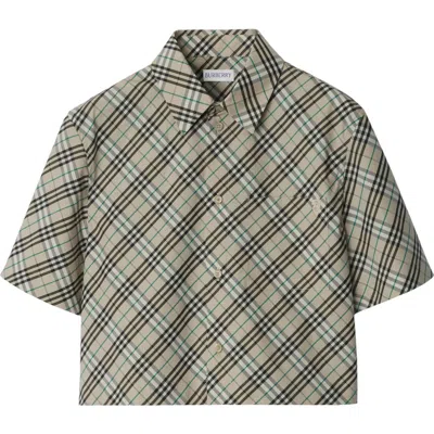 Burberry Check Short-sleeve Crop Button-down Shirt In Beige