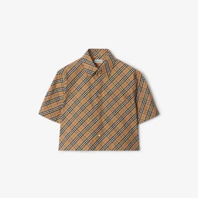 Burberry Check Short-sleeve Crop Button-down Shirt In Beige