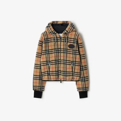 Burberry Cropped Check Fleece Hooded Jacket In Brown