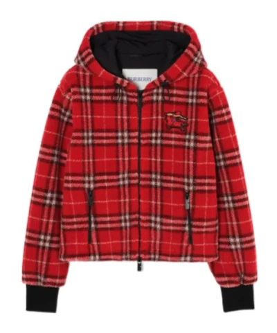 Burberry Cropped Check Fleece Hooded Jacket In Red