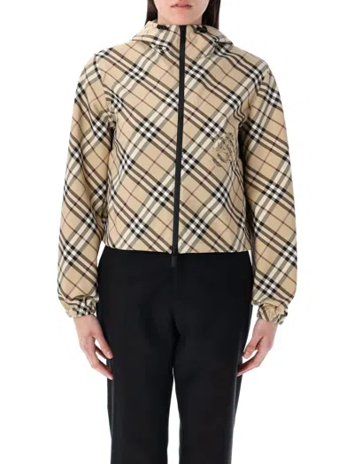 BURBERRY BURBERRY CROPPED CHECK JACKET WITH DRAWSTRING HOOD