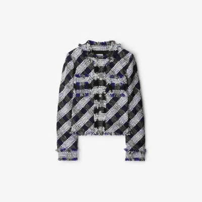 Burberry Cropped Check Tweed Jacket In Blue/white