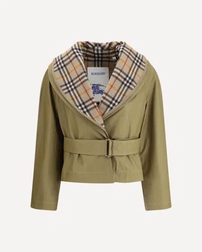 Burberry Cropped Cotton Jacket With Check Quilting In Sand