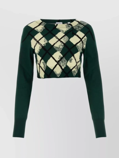Burberry Cropped Crew Neck Sweater With Long Sleeves And Ribbed Hem In Green