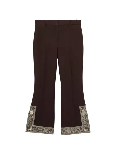 Burberry Cropped Embroidered Wool Silk Flared Trousers In Brown