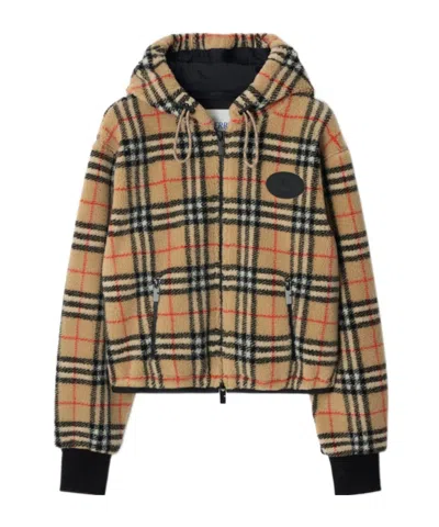 Burberry Cropped Hooded Check Fleece Jacket In Brown