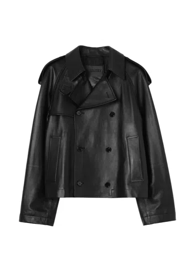 Burberry Cropped Leather Leadenham Trench Coat In Black