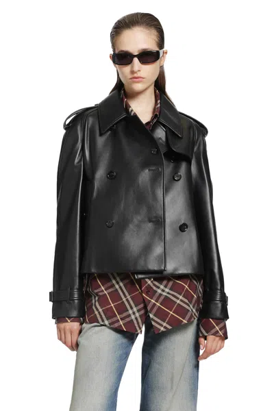 Burberry Cropped Leather Mayfair Trench Jacket In Black