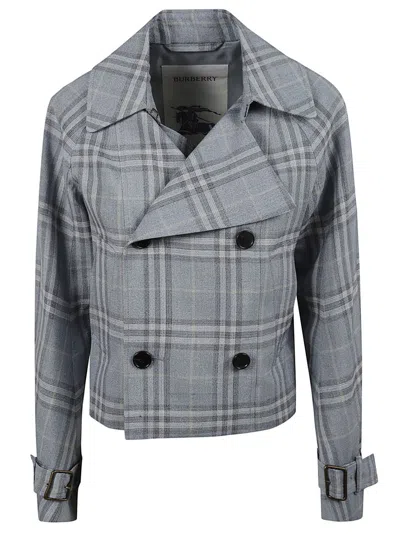Burberry Check Silk Blend Trench Jacket In Blue