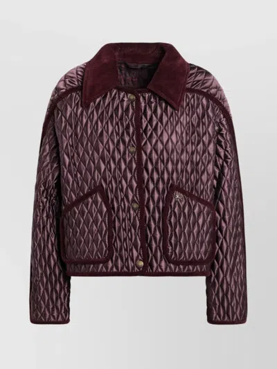 Burberry Cropped Quilted Nylon Jacket With Corduroy Collar In Burgundy