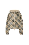 Burberry Hooded Check Pattern Jacket With Elasticated Cuffs In Ecru