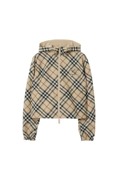 Burberry Hooded Check Pattern Jacket With Elasticated Cuffs In Alabaster Ip Check
