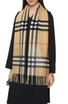 Burberry Crystal Embellished Check Cashmere Fringe Scarf In Brown