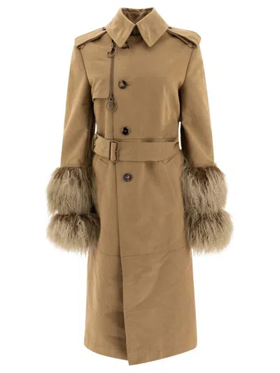 Burberry Long Trench Coat With Shearling Cuffs In Beige