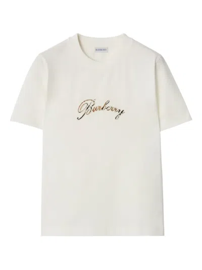 Burberry Women White Crewneck T-shirt With Logo Lettering On The Front In Cotton Woman