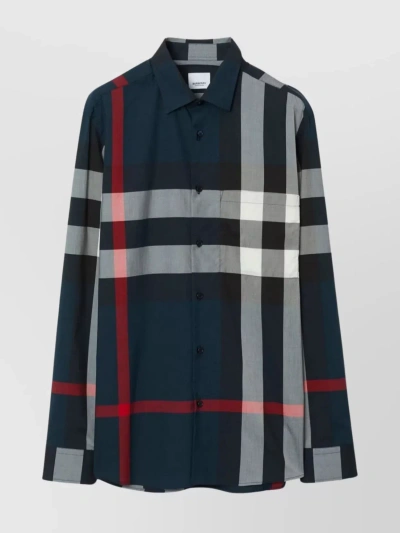 Burberry Curved Hem Checkered Shirt With Spread Collar In Blue