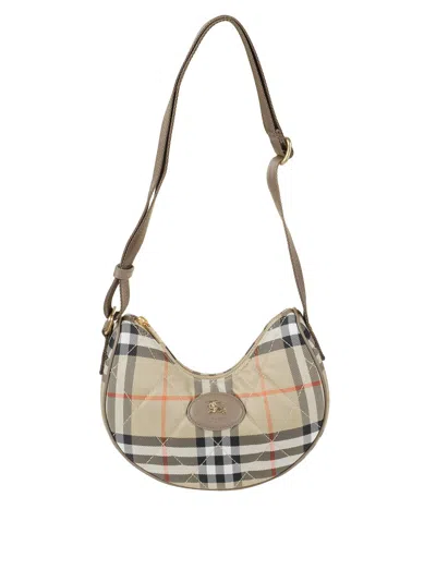 Burberry Curved Shoulder Bag With Classic Check Pattern And Gold-tone Hardware In Neutral