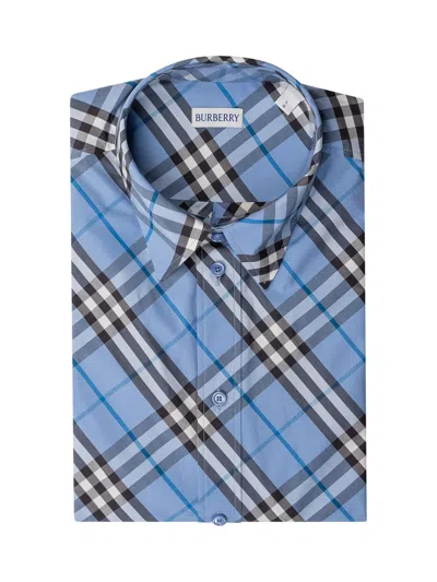 Burberry Cut Sleeve Check Mini Shirt In Blue