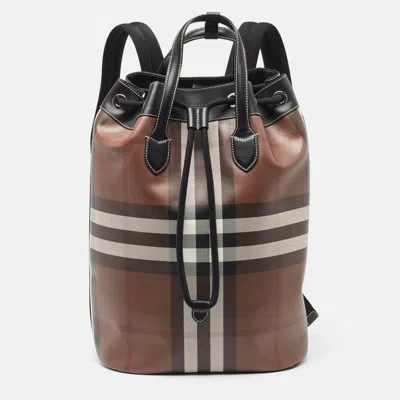Pre-owned Burberry Dark Birch Brown Check Coated Canvas And Leather Drawcord Backpack