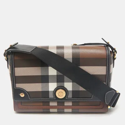 Pre-owned Burberry Dark Birch Brown Giant E-check Canvas And Leather Note Crossbody Bag In Green