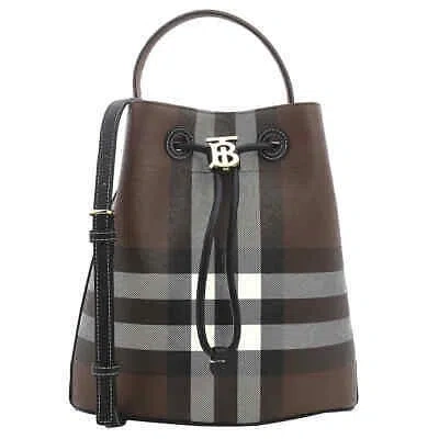 Pre-owned Burberry Dark Birch Brown Logo Plaque Checked Drawstring Shoulder Bag
