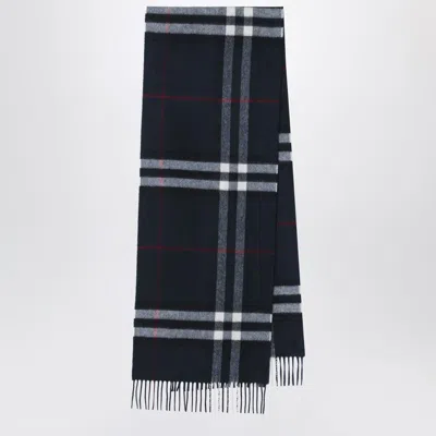 Burberry Dark Blue Cashmere Scarf With Check Pattern Men