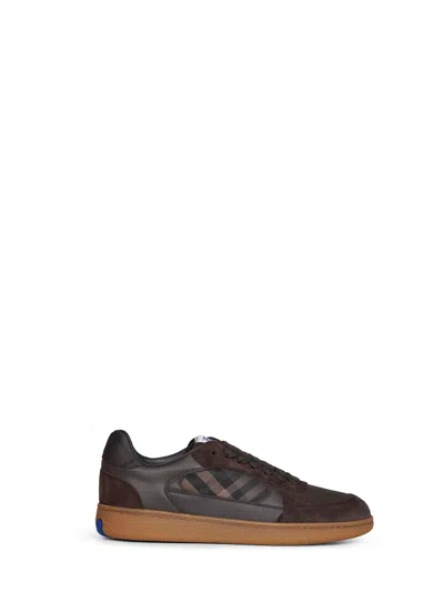 Burberry Dark Brown Leather And Suede And Check Terrace Sneakers In White