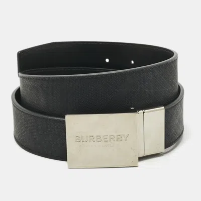 Pre-owned Burberry Dark Charcoal Check Coated Canvas Logo Plaque Buckle Belt 100 Cm In Black