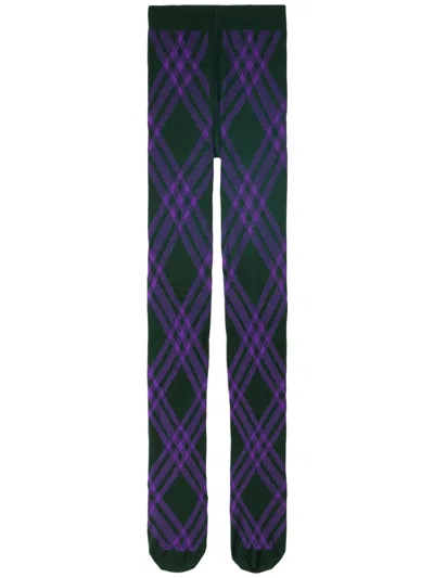 Burberry Dark Green And Plum Purple Wool Blend Check-pattern Tights For Women – Fw23 In Multi